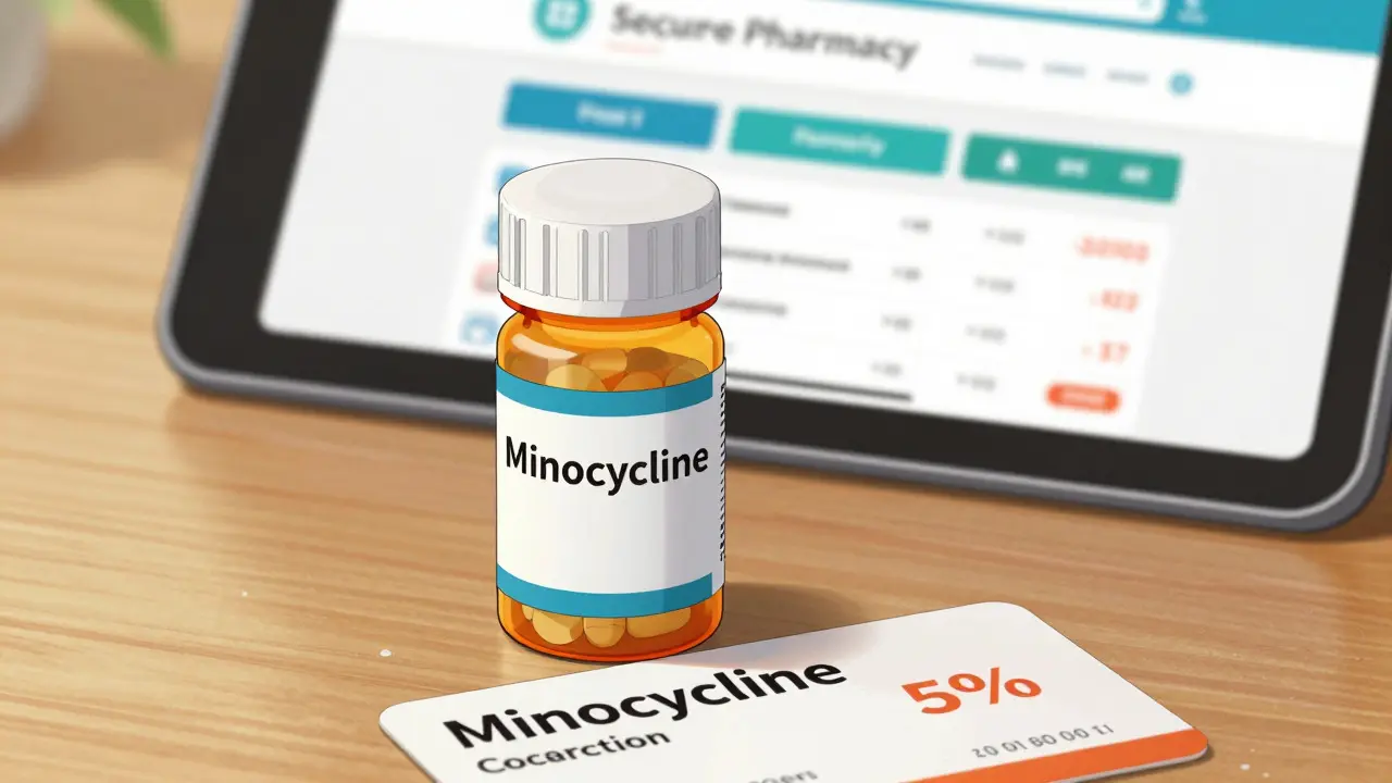 Prescription minocycline bottle and discount coupon on table with tablet