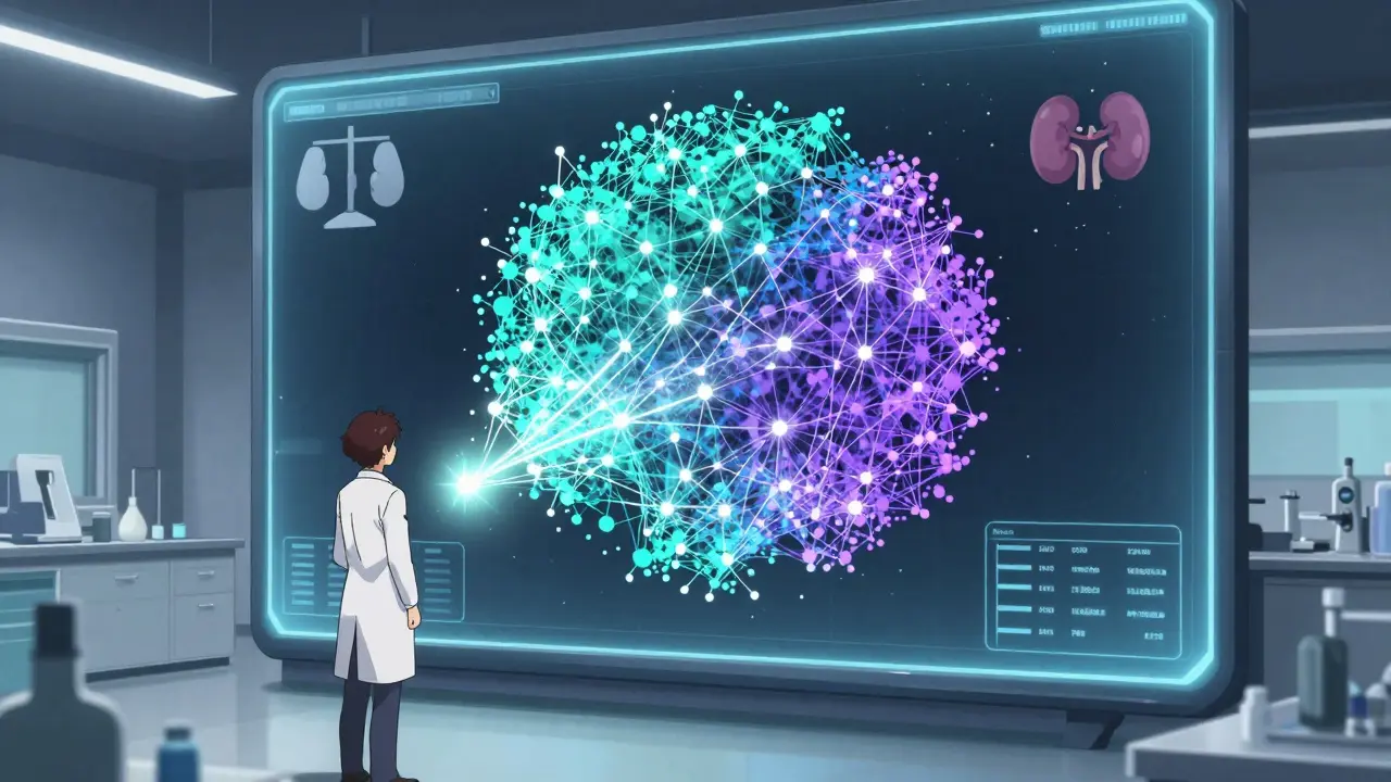 Scientist analyzing a glowing 3D data cloud model in a futuristic lab