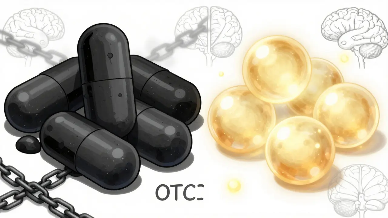 Split screen comparing dark antihistamine pills with glowing melatonin orbs and brain anatomy.