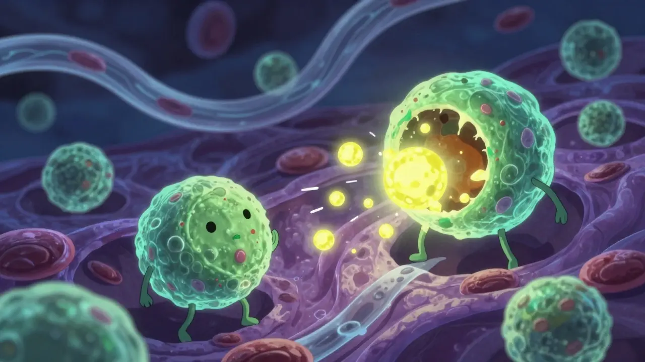 Stylized anime mast cells releasing histamine particles