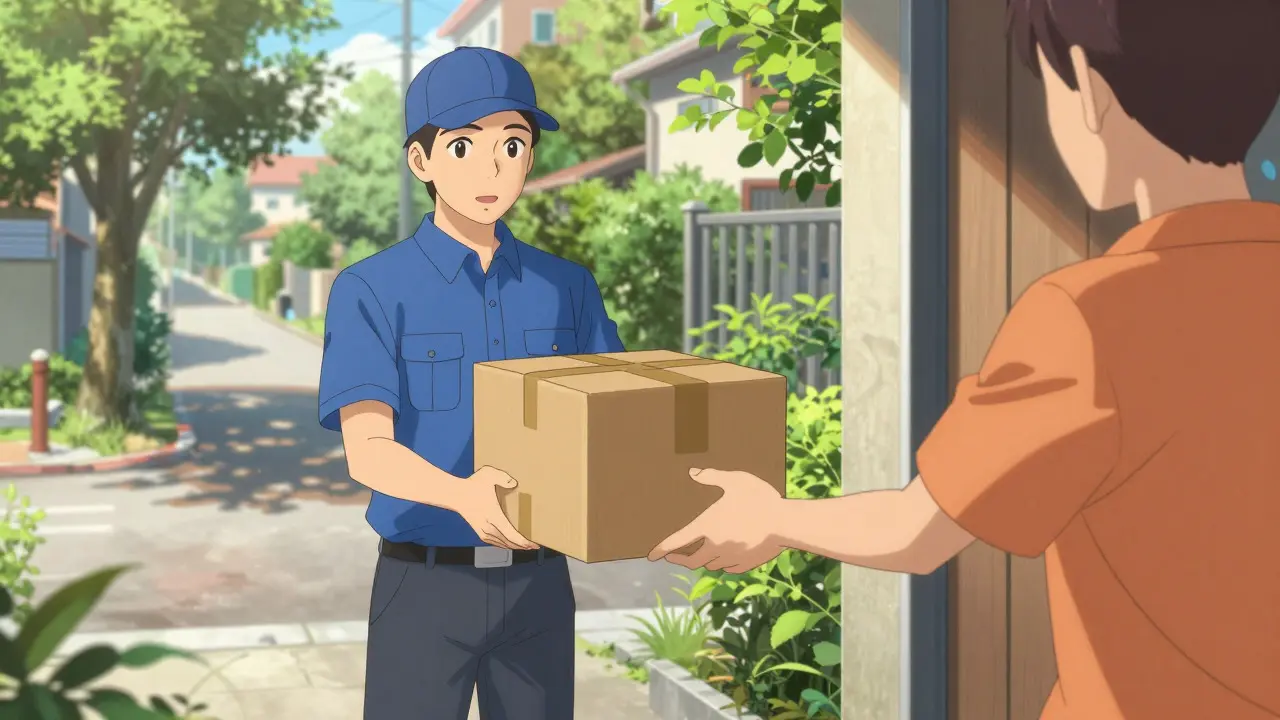 A person receives an insulated medicine package from a courier in anime style