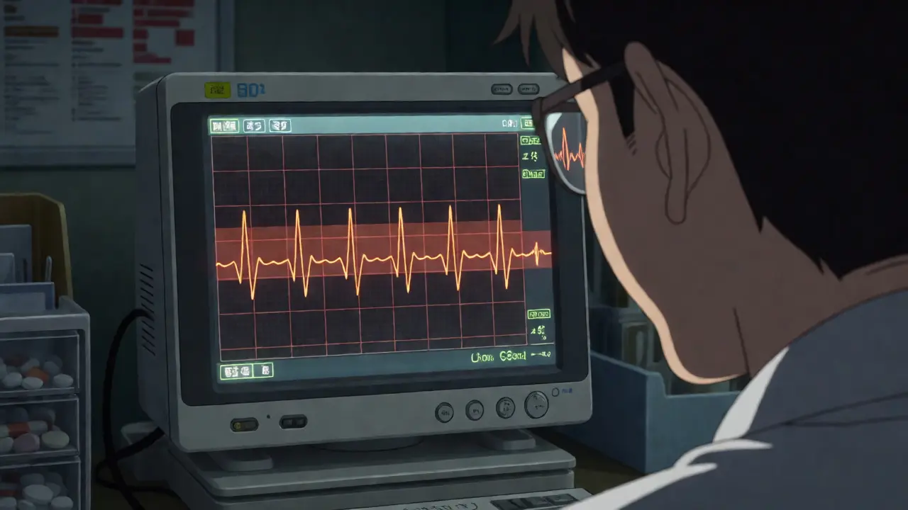 Clinician closely examining prolonged QT interval on ECG monitor