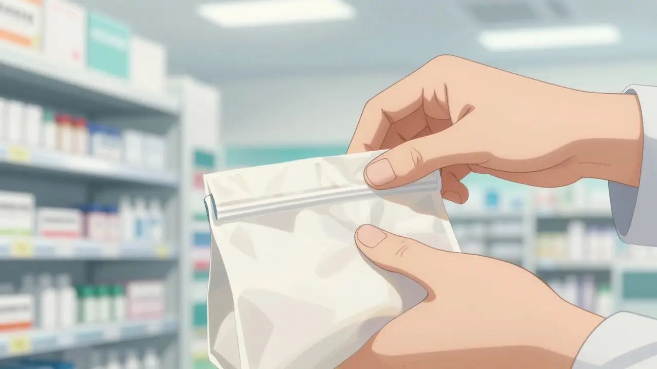 Close up of a hand receiving a pharmacy bag, symbolizing medication pickup