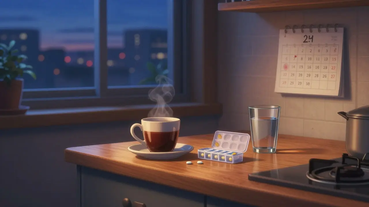 Coffee cup and pill organizer on a kitchen counter during evening twilight