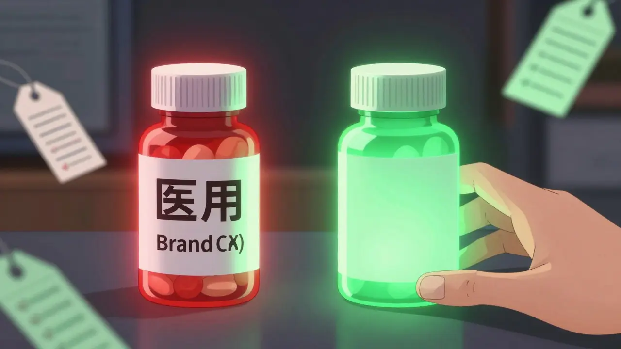 Comparison of expensive brand-name vs affordable generic medicine bottles.