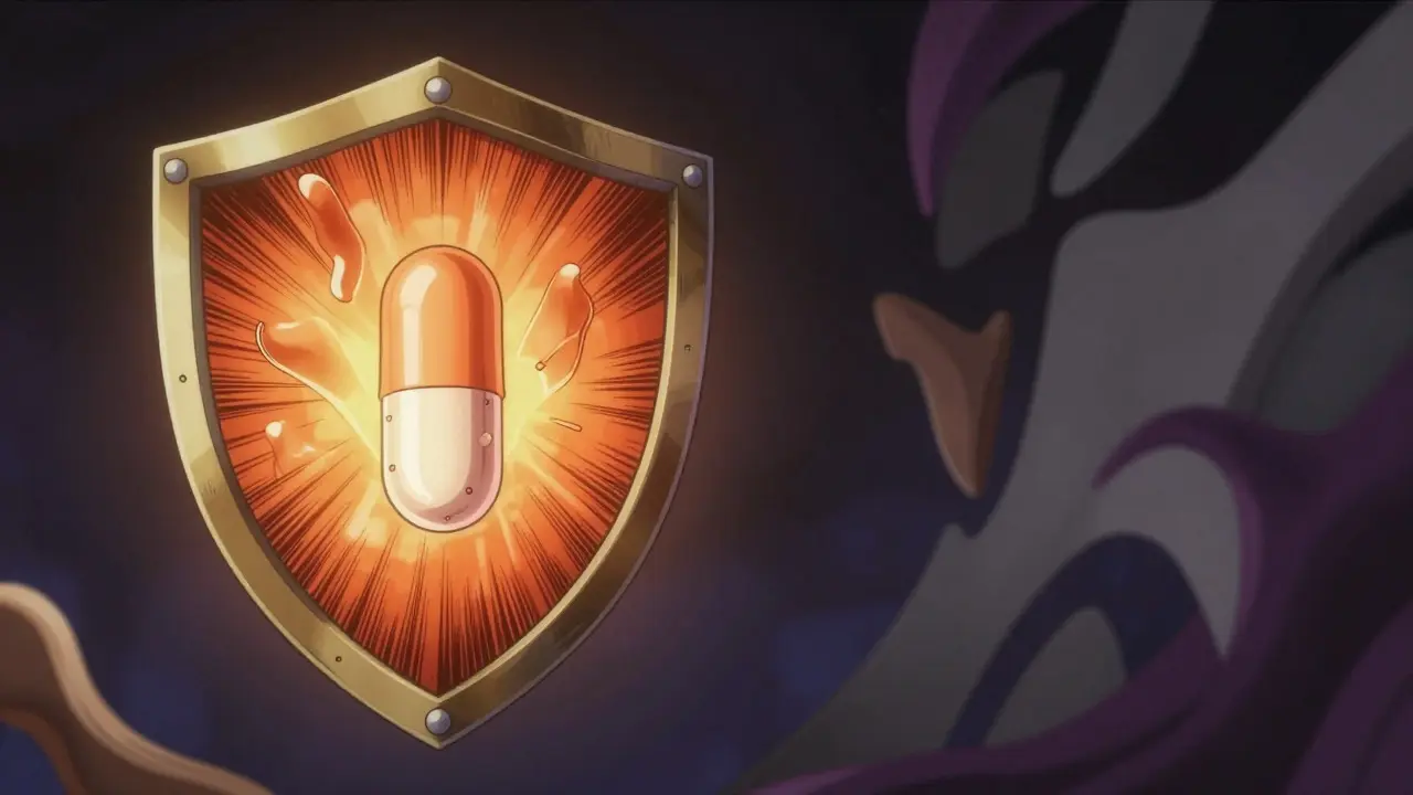 Conceptual art showing a protected pill versus dangerous shadows, representing safety