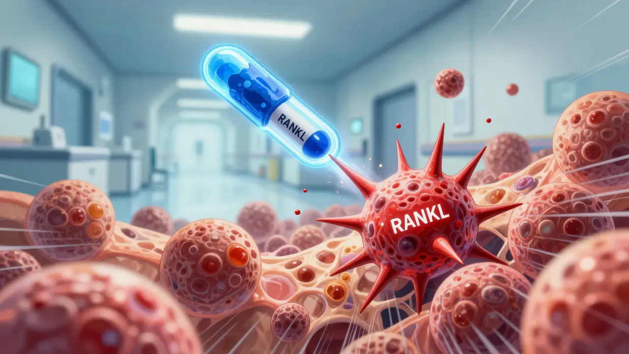 Denosumab antibodies blocking RANKL signals in a stylized cellular battle