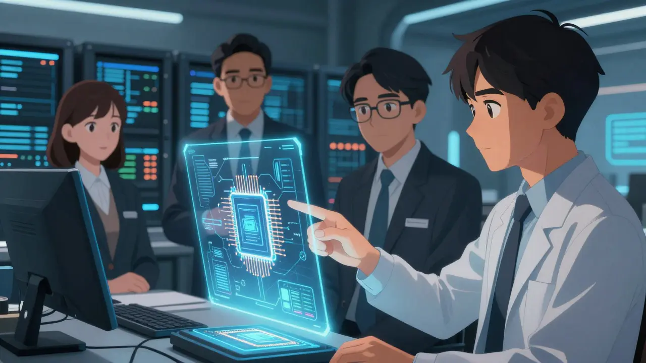Experts analyzing patent validity in a high-tech lab