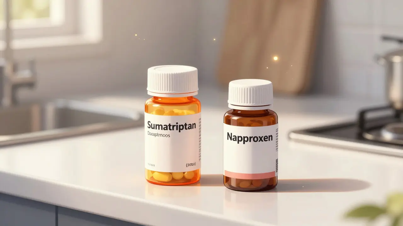 Generic migraine medication bottles on sunlit counter