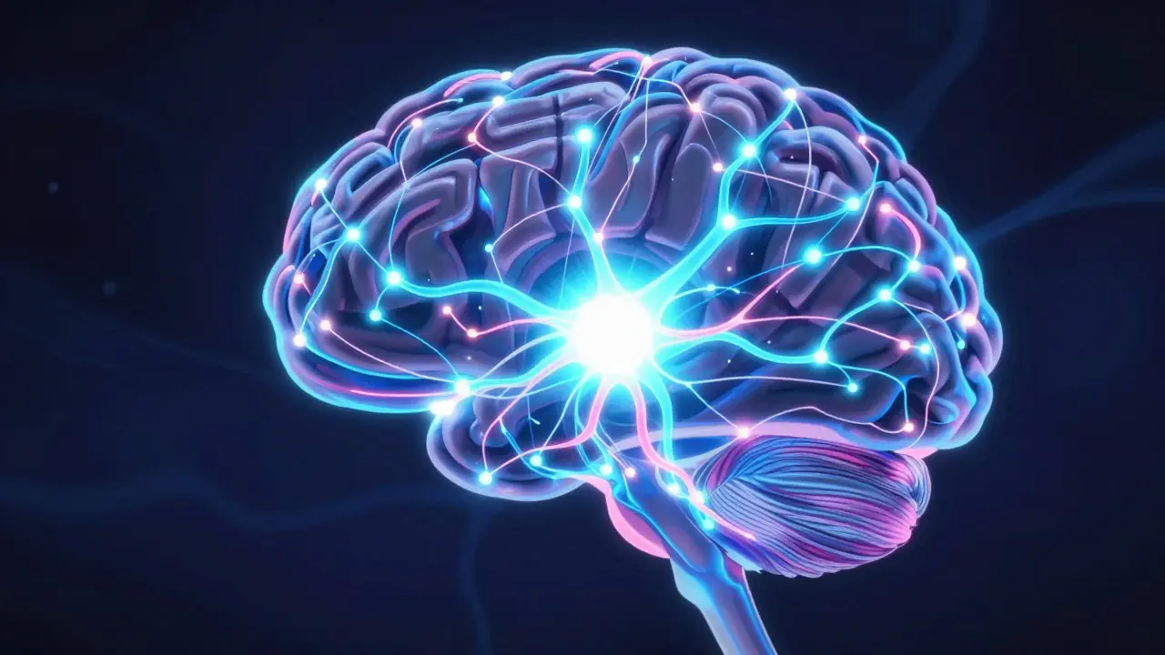 Glowing neural network illustration representing the formation of strong habit loops