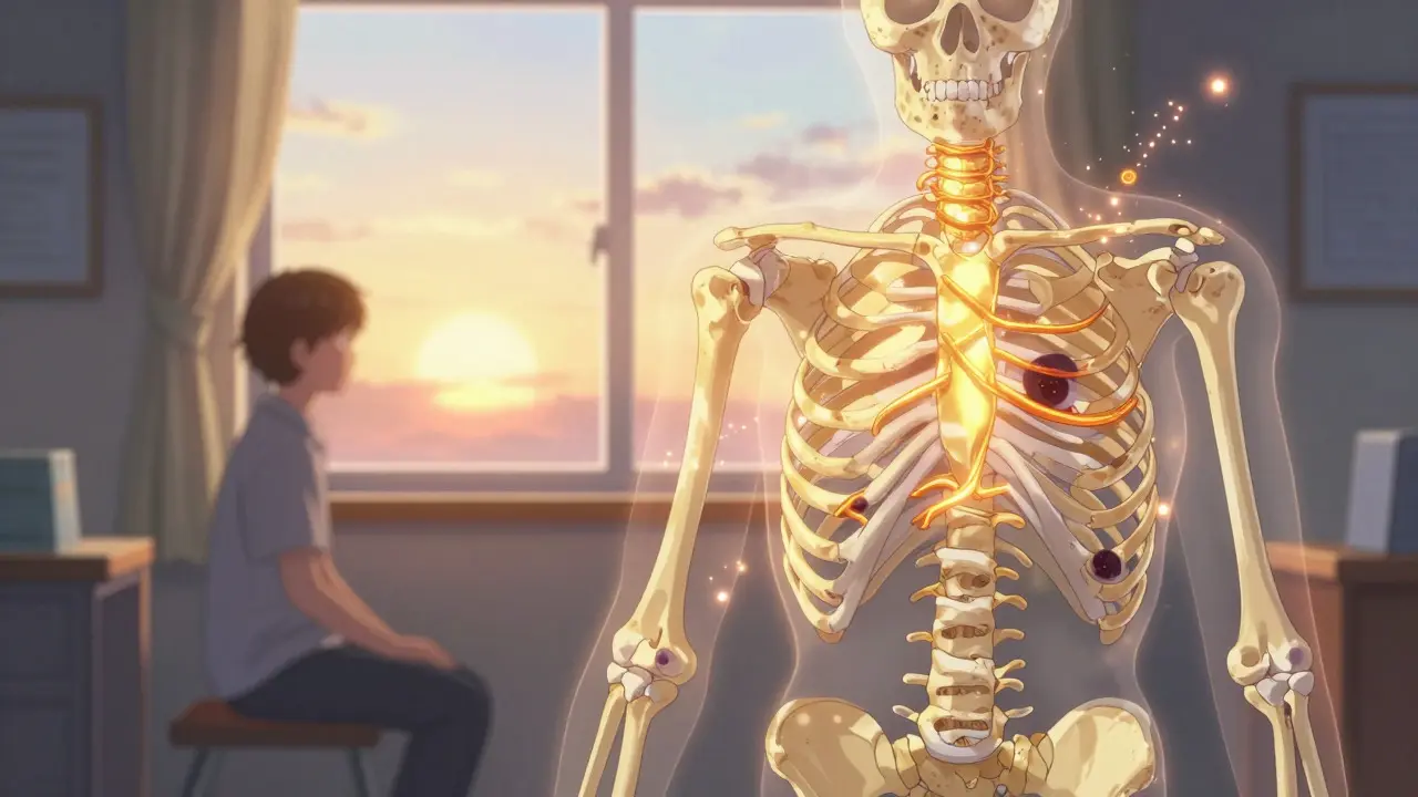 Golden light illuminating regenerating bone tissue during recovery