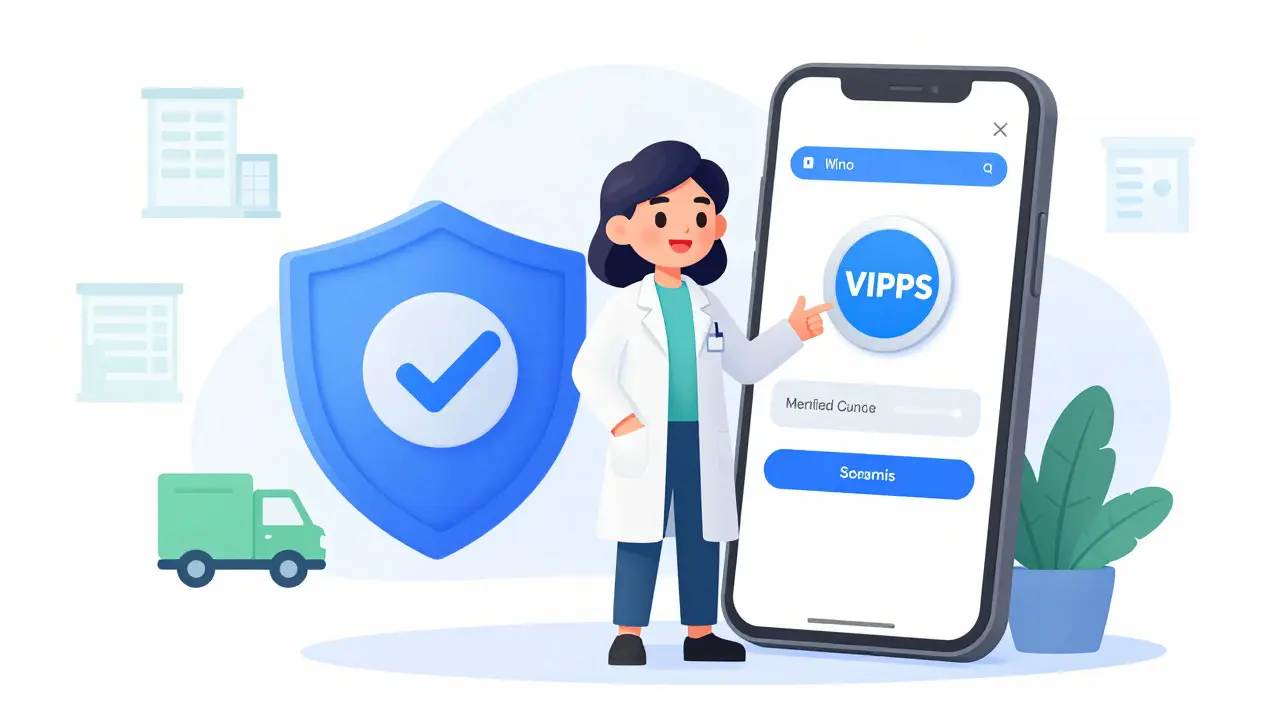 Illustration of safe online pharmacy verification and secure checkout process.
