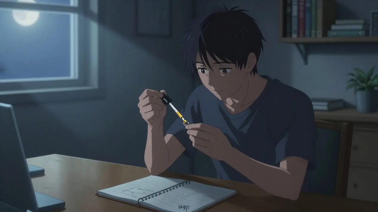 Patient carefully measuring a small dose of oil in a moonlit room