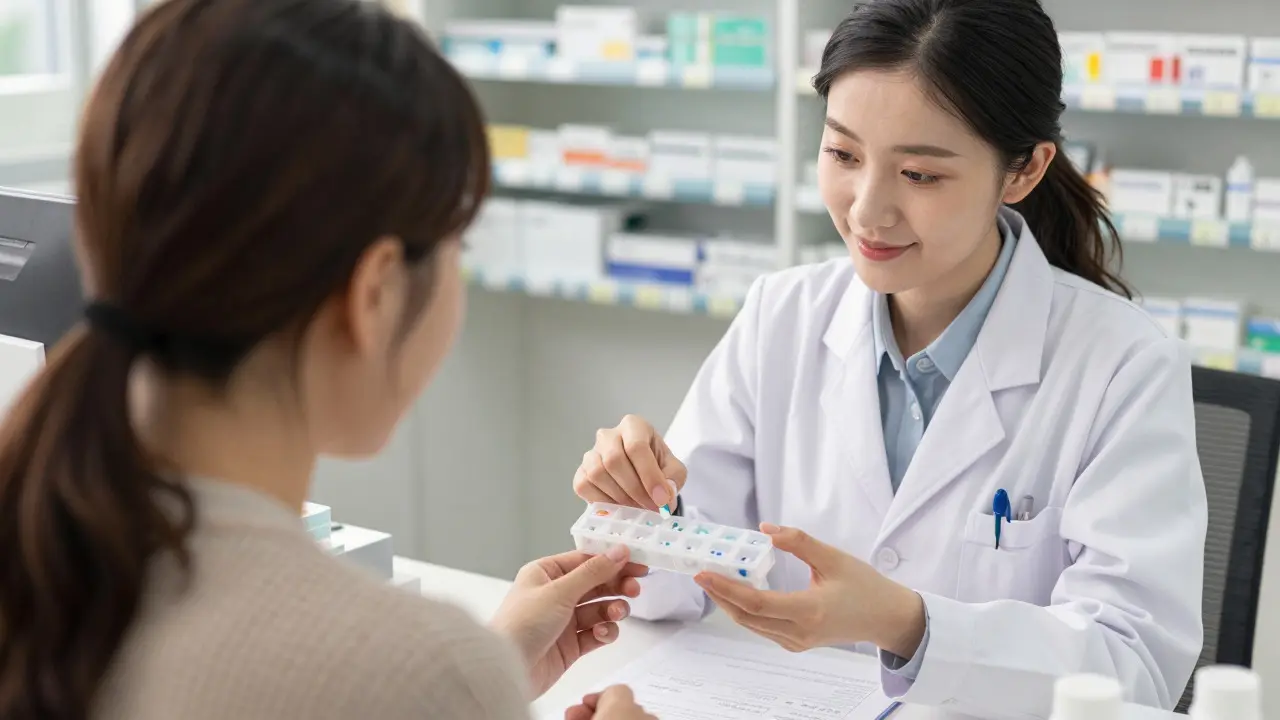 Pharmacist and patient verifying medication instructions together