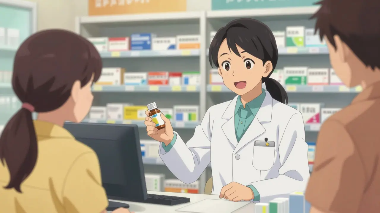 Pharmacist explaining medication details to a relieved customer at counter