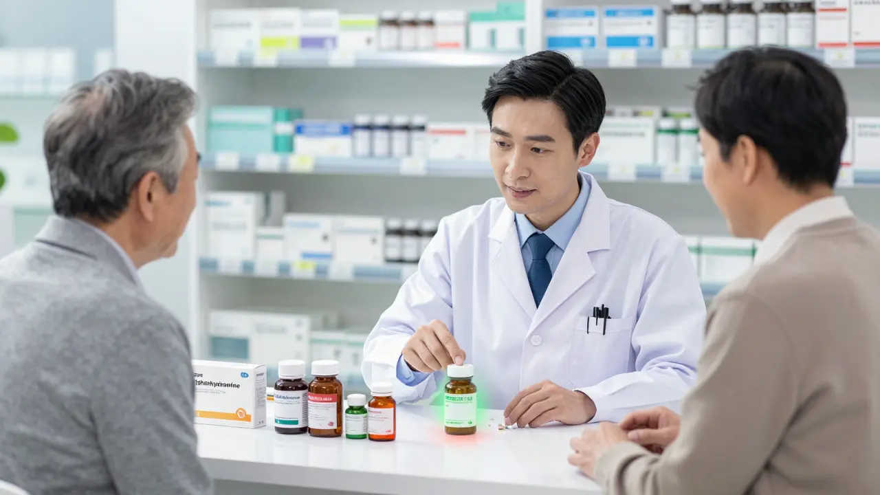 Pharmacist reviewing medication bottles with an older patient in a clinic