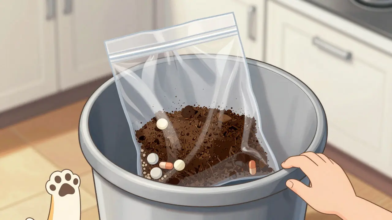Pills mixed with coffee grounds in sealed bag for safe home disposal