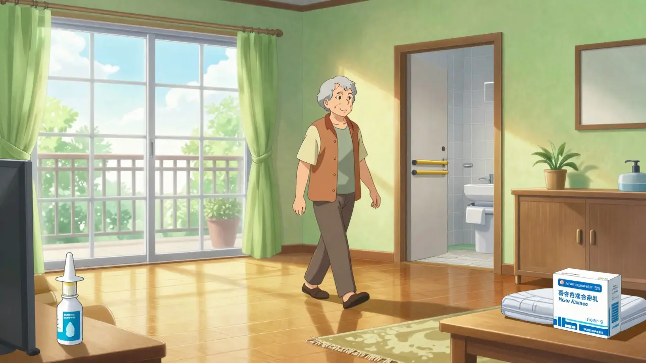 Senior walking safely in a bright, clutter-free living room with grab bars
