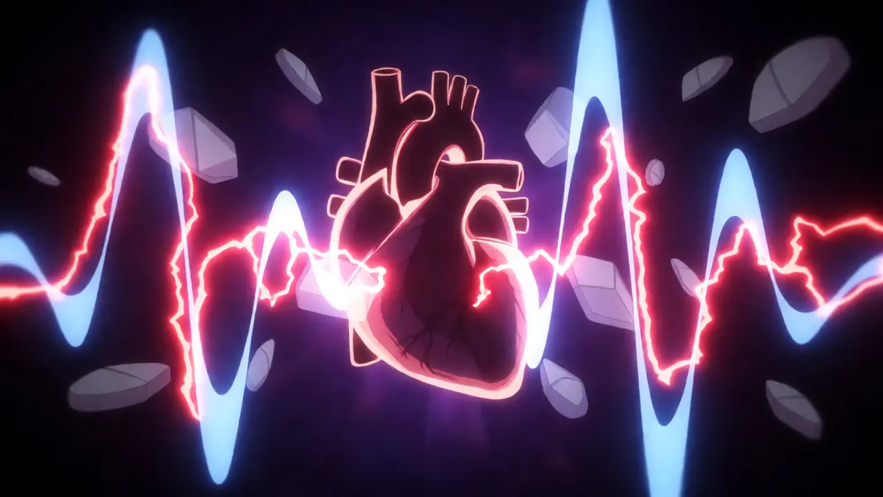 Stylized glowing heart disrupted by chaotic red electrical arcs and pill shapes