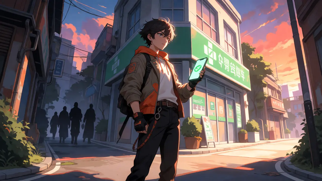 Protagonist at crossroads choosing safe medication purchase path