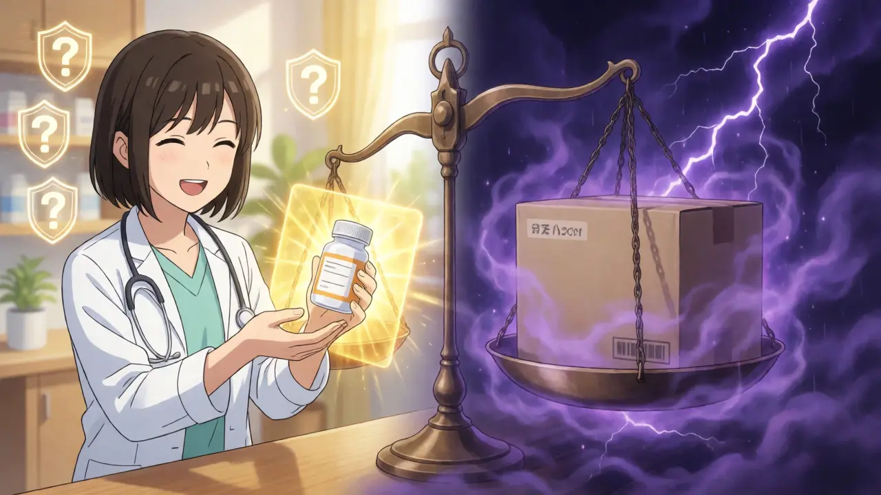 Split scene comparing safe local pharmacy with risky online shipping